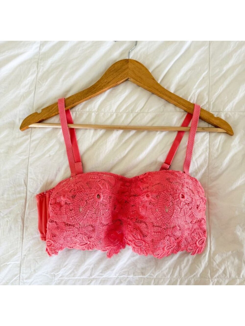 Aerie Coral Pink Floral Lace Longline Strapless Bra Bralette Large